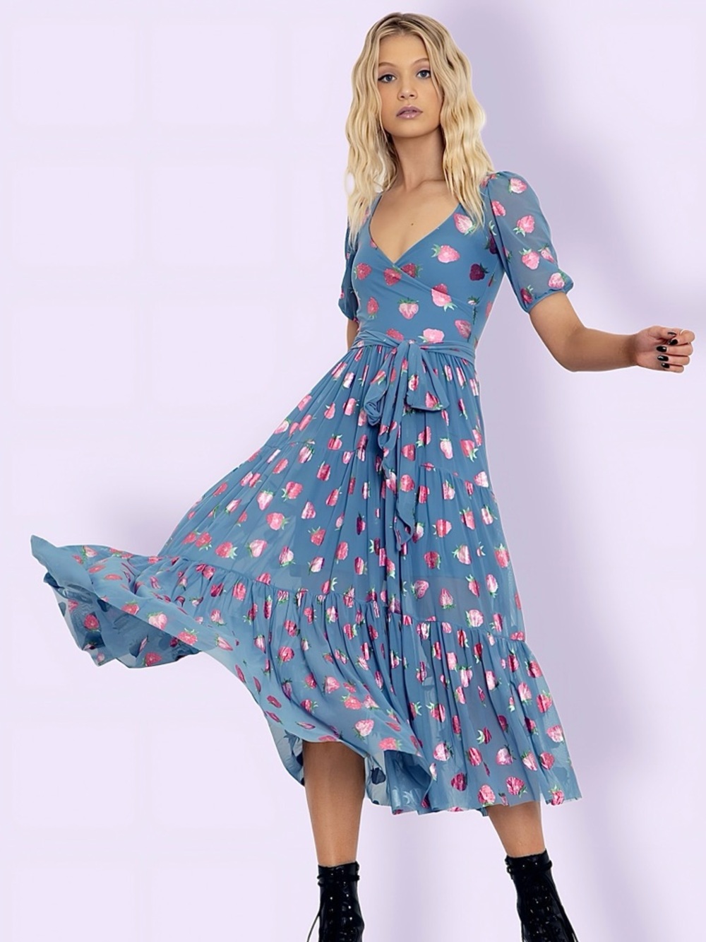 Blackmilk Strawberries Blue Wrap Midaxi Dress NWT XS Limited Foil Cottagecore